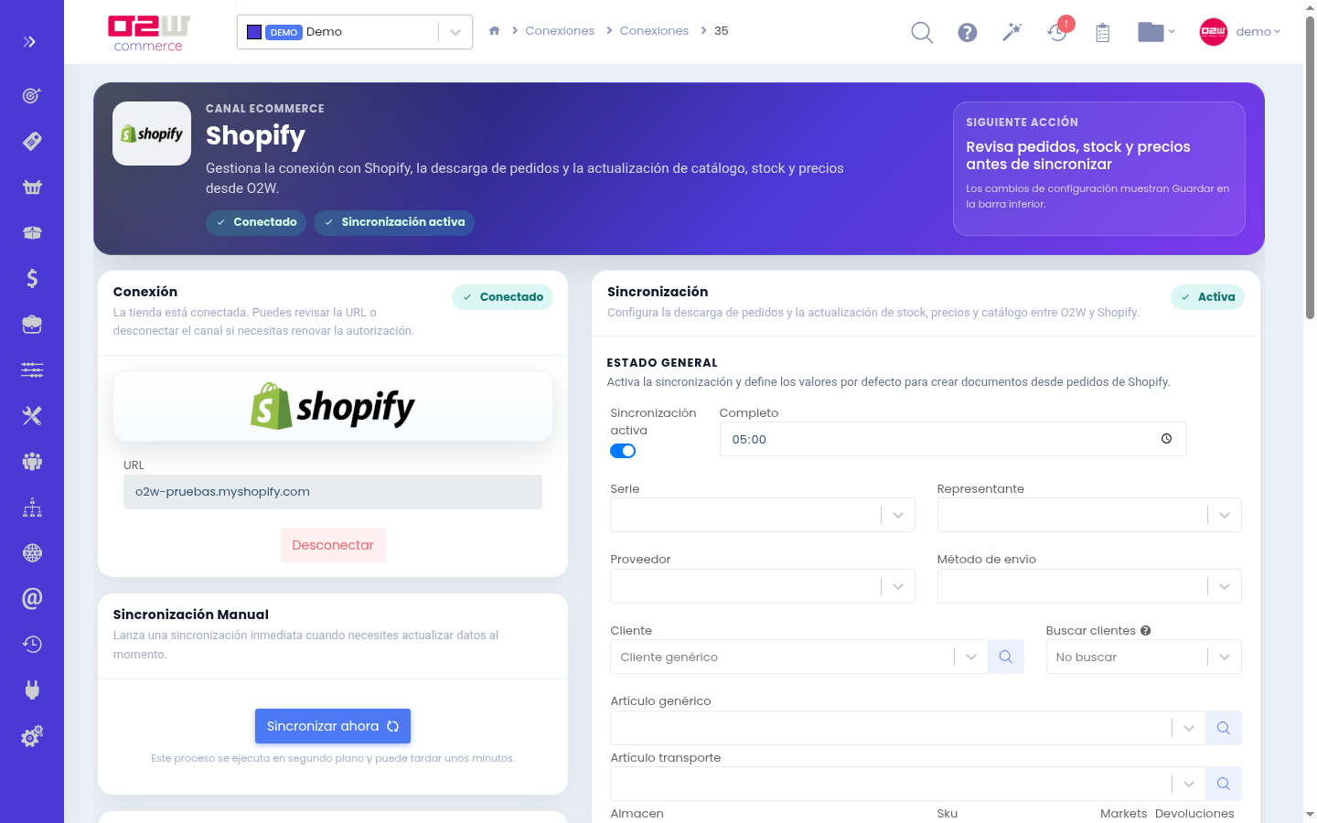 Configuración de conexión y simulaciones del conector Shopify ERP en O2W