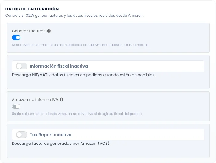 Configuración real de facturación Amazon en demo: generación de facturas y opciones de información fiscal y Tax Report inactivas