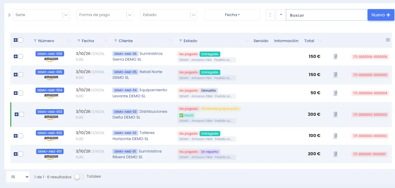 Pedidos ficticios Amazon en O2W con referencia de origen, cliente, estado e importe