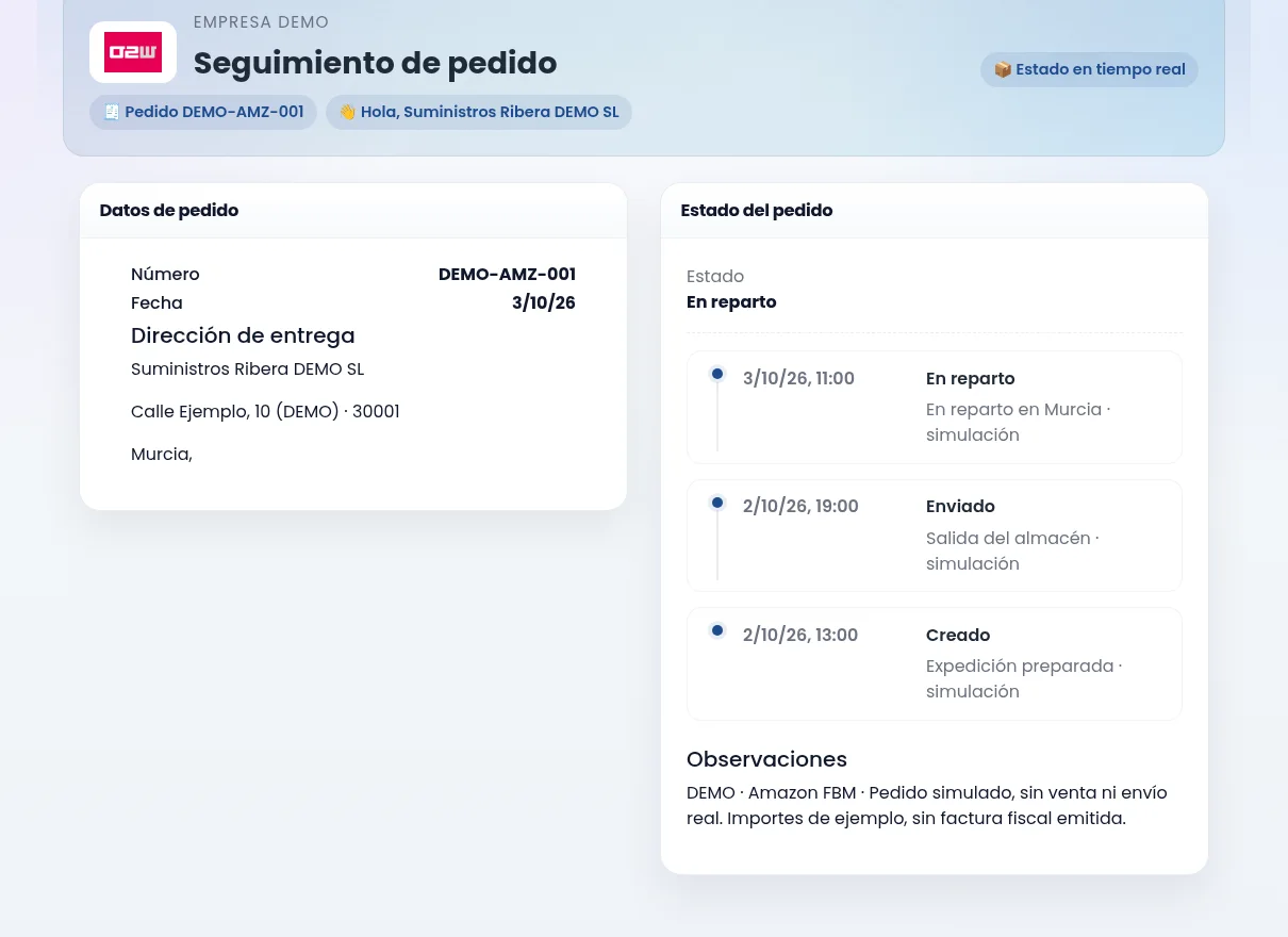 Seguimiento real de un pedido ficticio con estado En reparto y tres eventos de entrega simulados