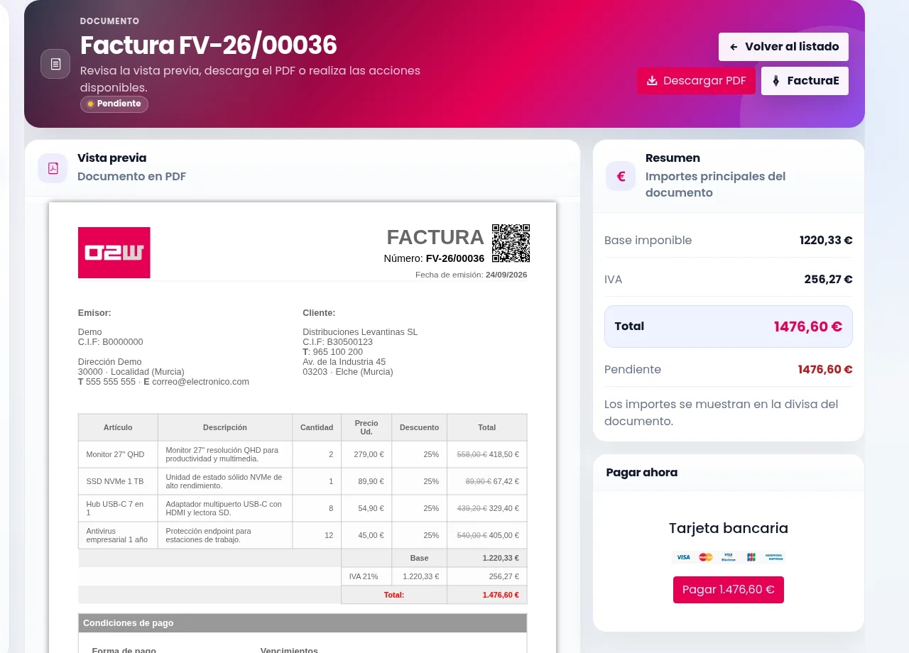 Factura FV-26/00036 del cliente ficticio Distribuciones Levantinas: PDF, botón Descargar PDF e importe pendiente de 1.476,60 euros