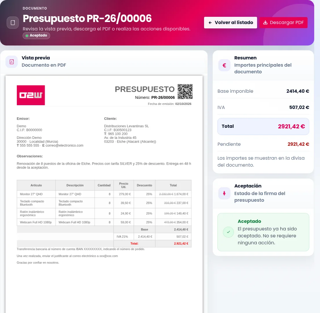 Presupuesto PR-26/00006 para ocho puestos de oficina, total 2.921,42 euros y confirmación Aceptado después de la firma del cliente