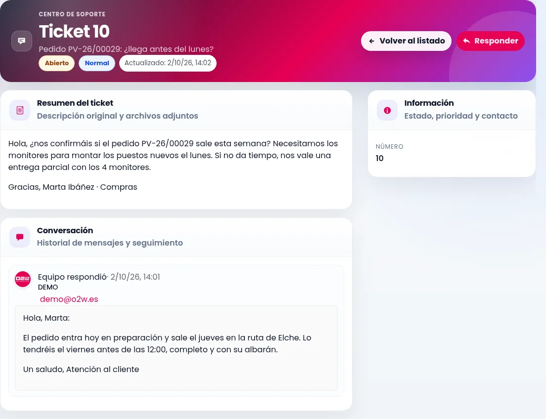 Ticket del cliente ficticio sobre la entrega de su pedido, con descripción, estado Abierto y respuesta del equipo en la conversación