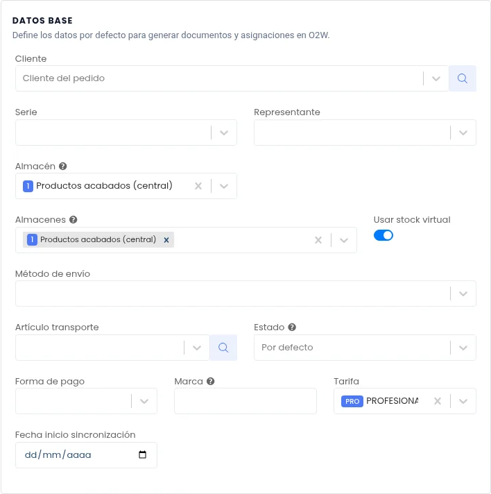 Configuración real Mirakl en O2W: almacén Productos acabados, stock virtual y tarifa PROFESIONAL, con datos de demo
