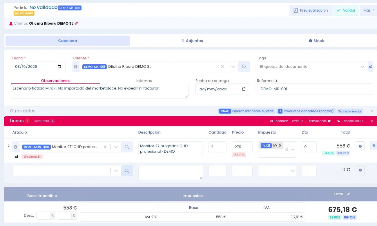 Detalle real de un pedido ficticio Mirakl: referencia DEMO-MK-001, cliente Oficina Ribera y dos monitores